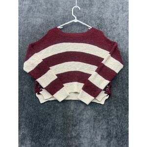 Wild Skyes Cropped Sweater Women Large White Maroon Striped Tight Knit Side Slit
